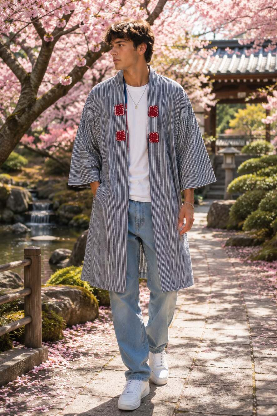 Vintage Traditional Japanese Happi Coat Hanten Festival Jacket  Red Kanji Detail